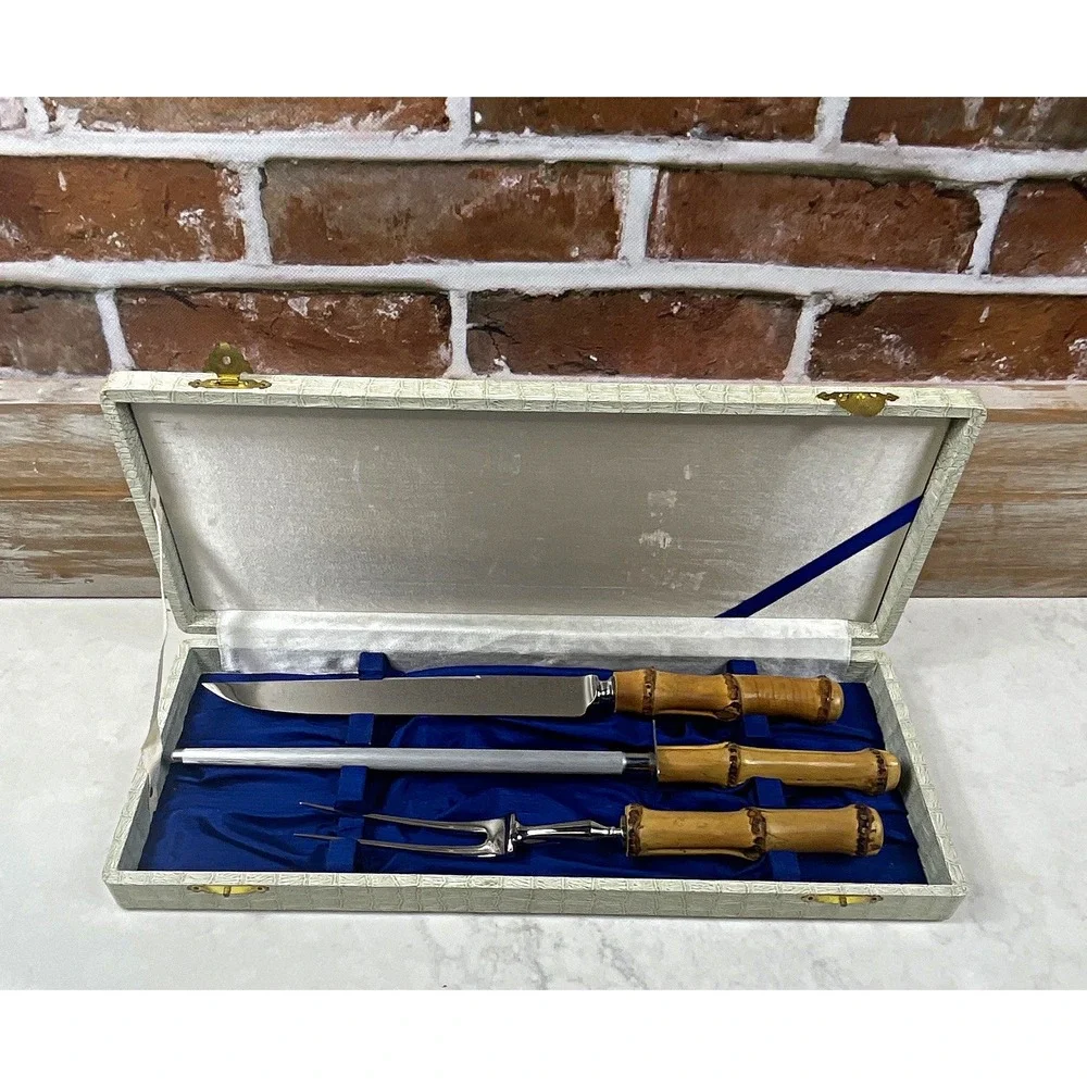 Vintage 3pc Carving Set Bamboo Wood Handles Knife Fork Steel w/ Case